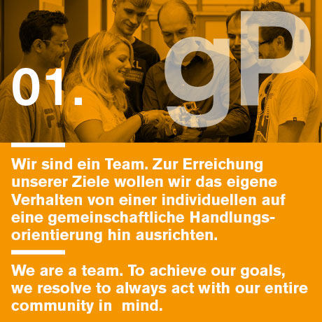 Wir verstehen uns als Team. Zur Erreichung unserer Ziele wollen wir das eigene Verhalten von einer individuellen auf eine gemeinschaftliche Handlungsorientierung hin ausrichten.