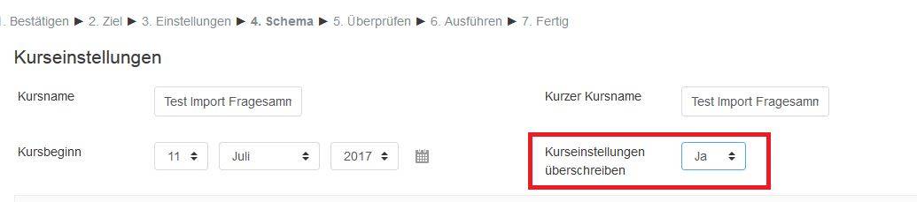 Kurseinstellungen Überschreiben