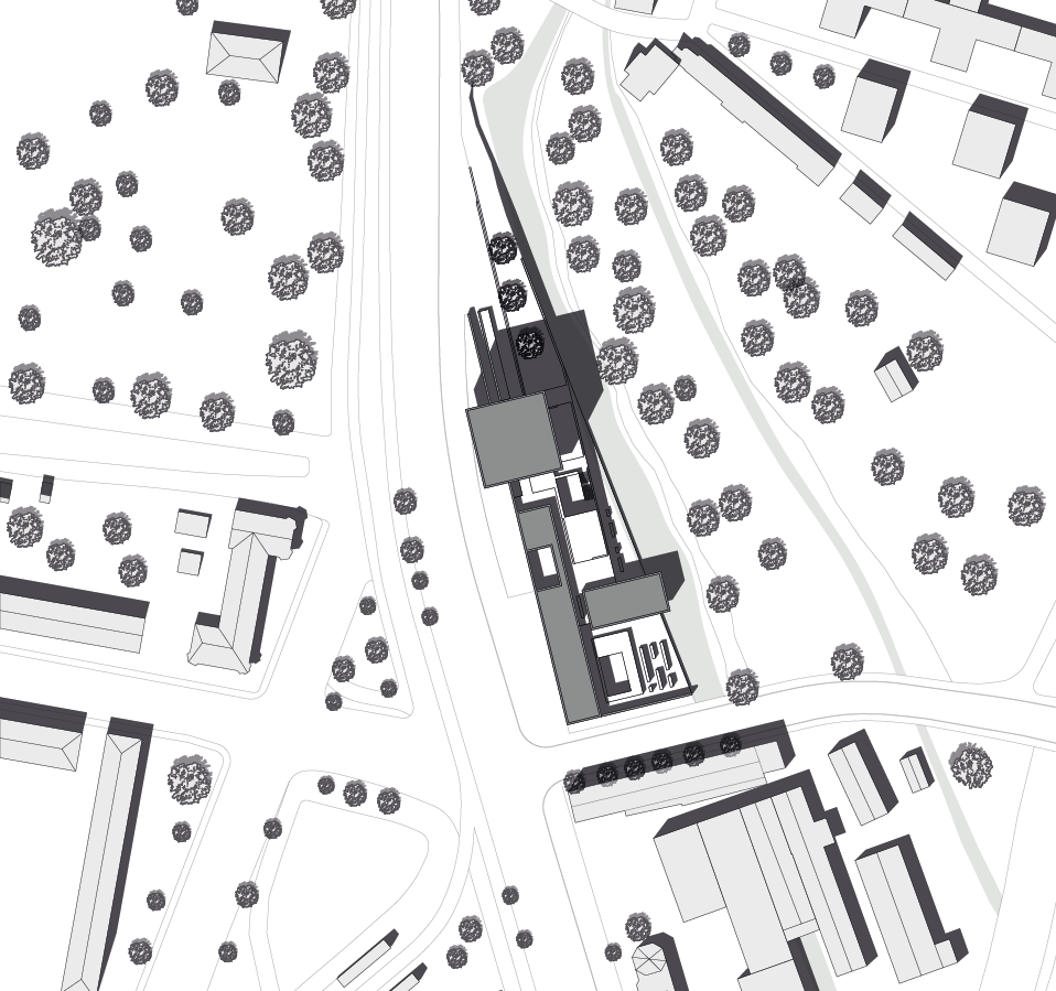 Lage des Komplexes zwischen Haunstetter Straße im Westen und Grünzug mit Stadtbach im Osten (Abb.: Stefan Schröder)