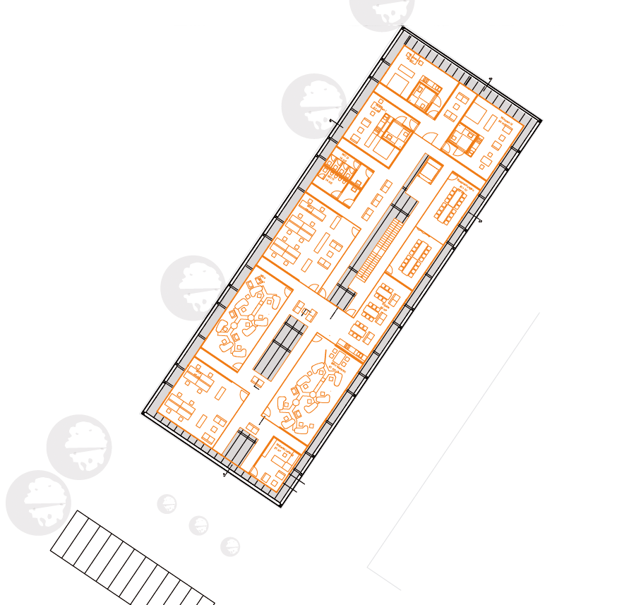 Grundriß Obergeschoss mit Start-Up-Büros und Appartments "Wohnen auf Zeit",  (Abb.: Anita Dirmeier)