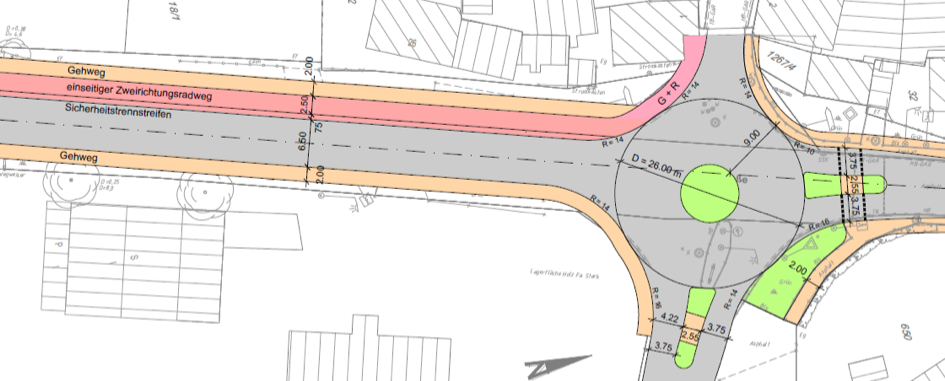 Variante beidseitiger Gehweg und Zweirichtungsradweg, kleiner Kreisverkehr Variante beidseitiger Gehweg und Zweirichtungsradweg, kleiner Kreisverkehr