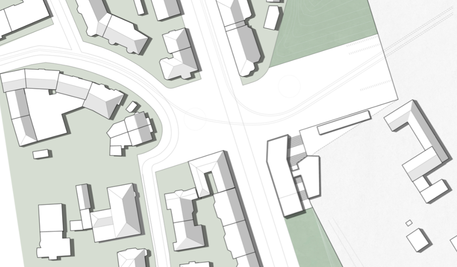 Städtebauliche Einbindung am Gelenkpunkt des Bahnhofsvorplatzes West zur Rosenaustraße und dem Thelottviertel, großem Baukörper am Bahnhofsvorplatz und kleinem Baukörper auf dem oberen Geländeniveau