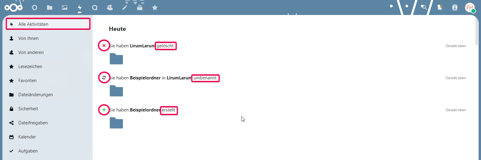 Aktivitäten auf Nextcloud