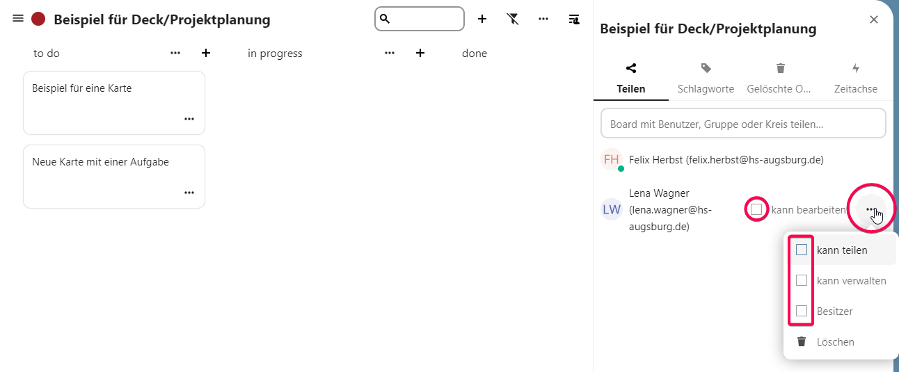 Freigabe für Deck Teilnehmer in Nextloud
