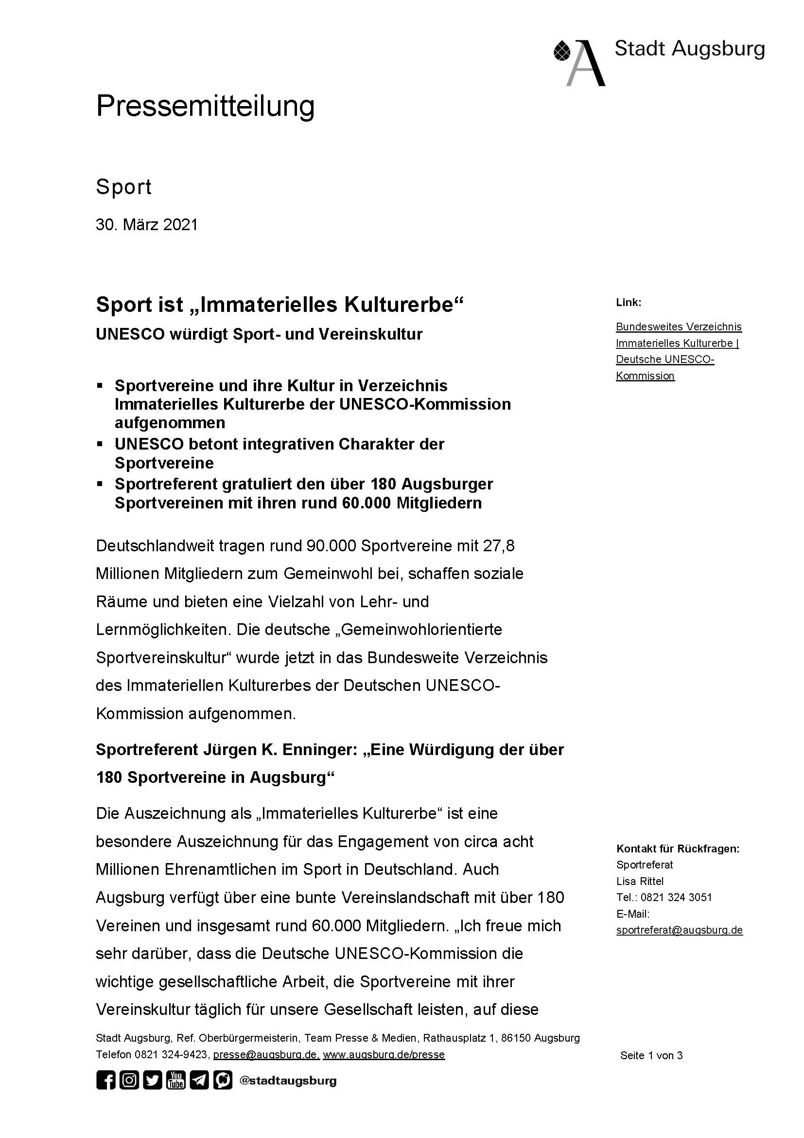 Stadt Augsburg, Pressemitteilung vom 30.03.2021: Sport ist „Immaterielles Kulturerbe“