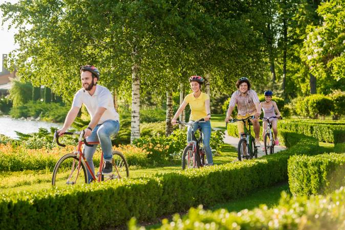 vier Studierende sind mit dem Fahrrad im Park unterwegs