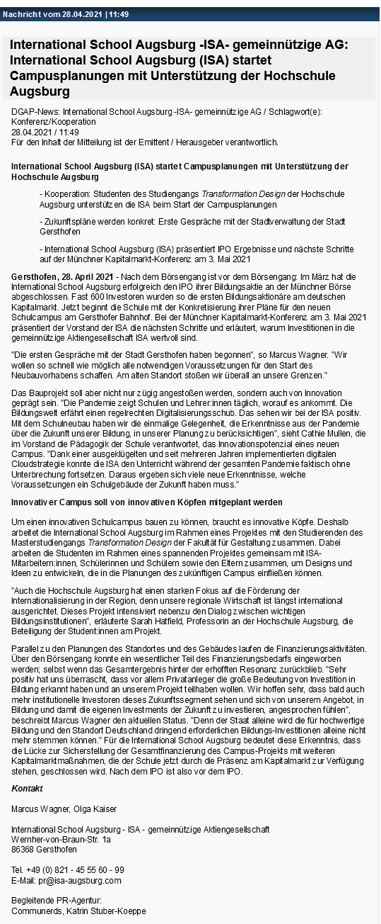 Pressemitteilung vom 28.04.2021: International School Augsburg (ISA) startet Campusplanungen mit Unterstützung der Hochschule Augsburg