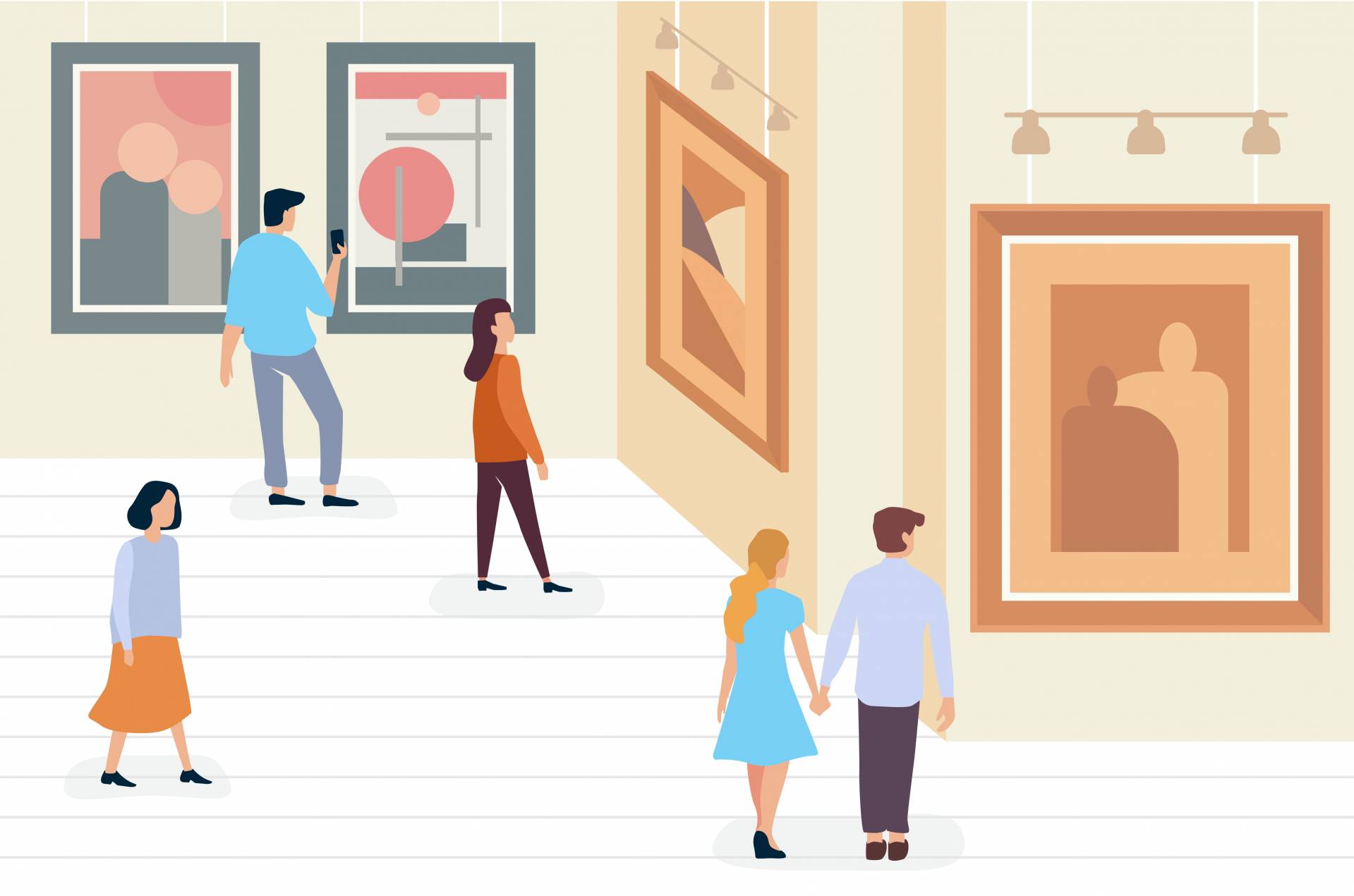 Illustration: Menschen in einem Museum. Foto. Colourbox
