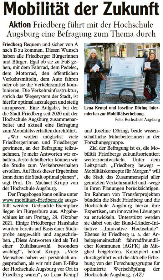 Artikel: Friedberger Allgemeine, 26.10.2021, S. 34: Mobilität der Zukunft