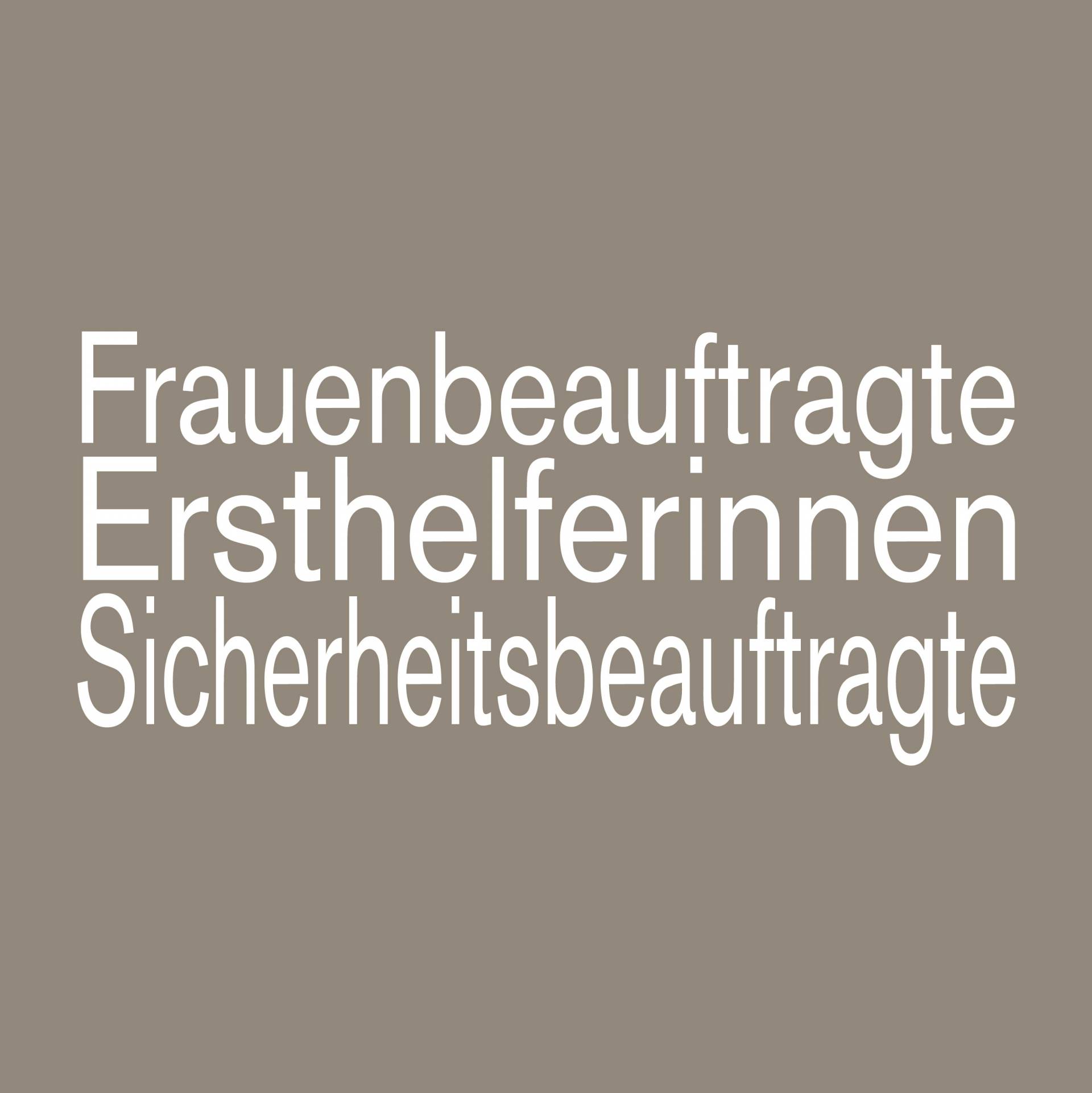 Grauer Untergrund mit weißer Schrift: Ersthelferinnen Frauenbeauftragte Sicherheitsbeauftragte