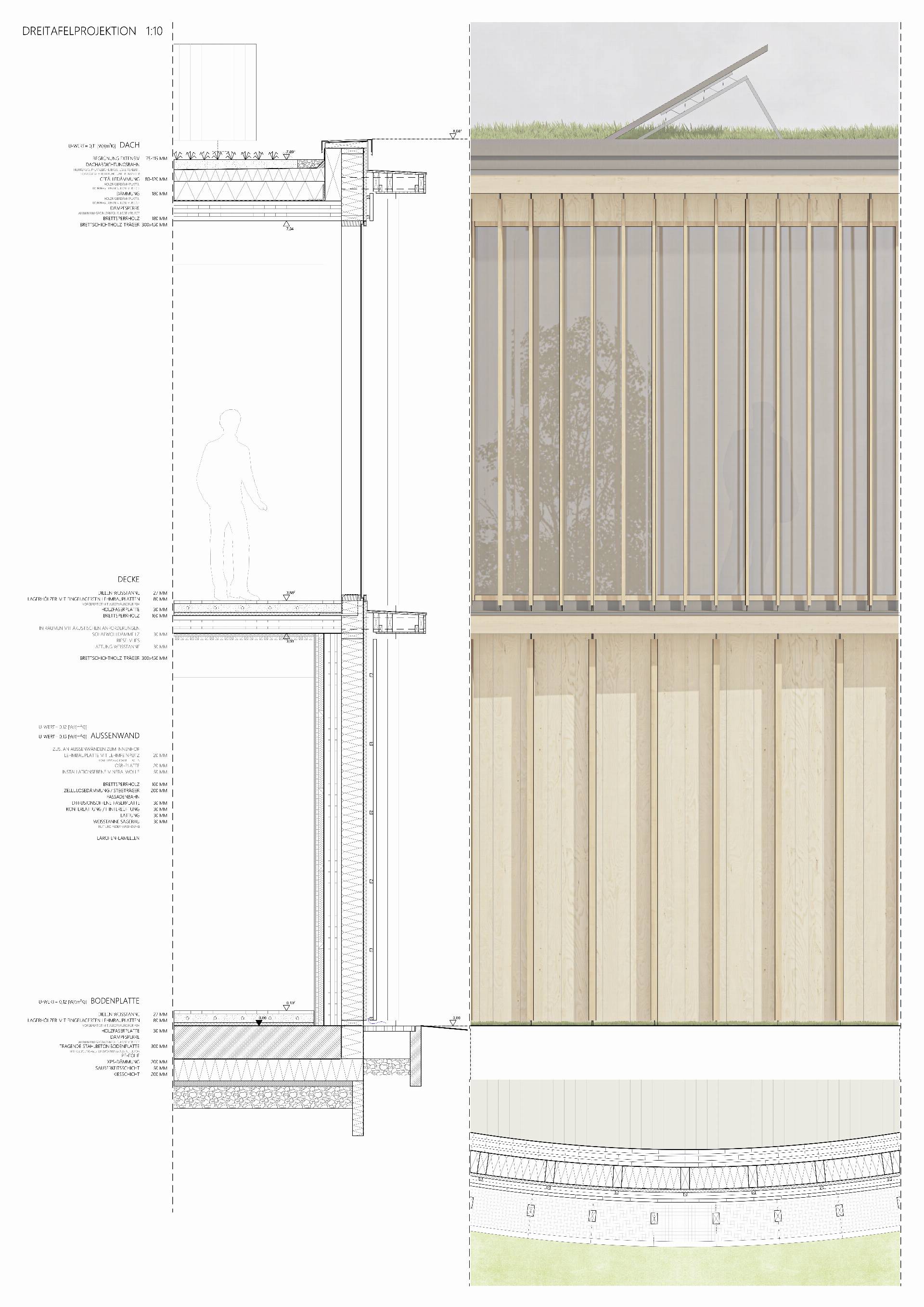 Fassadendetail als Schnitt, Ansicht und Grundriss