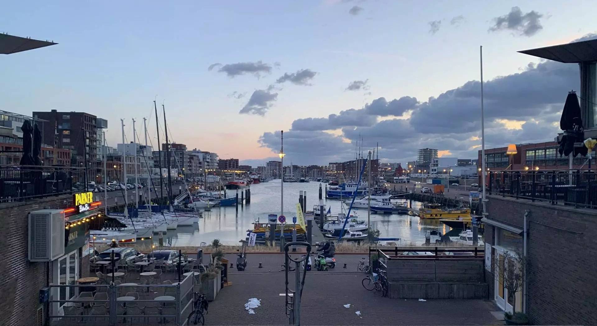 The Hague harbor at sunset