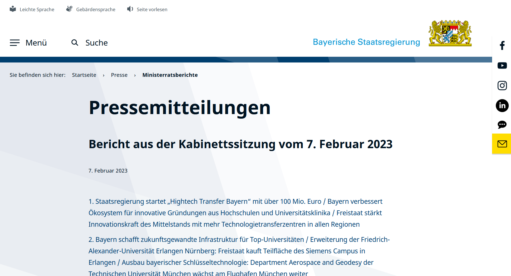 Screenshot Pressemitteilung Bayerische Staatsregierung vom 07.02.2023