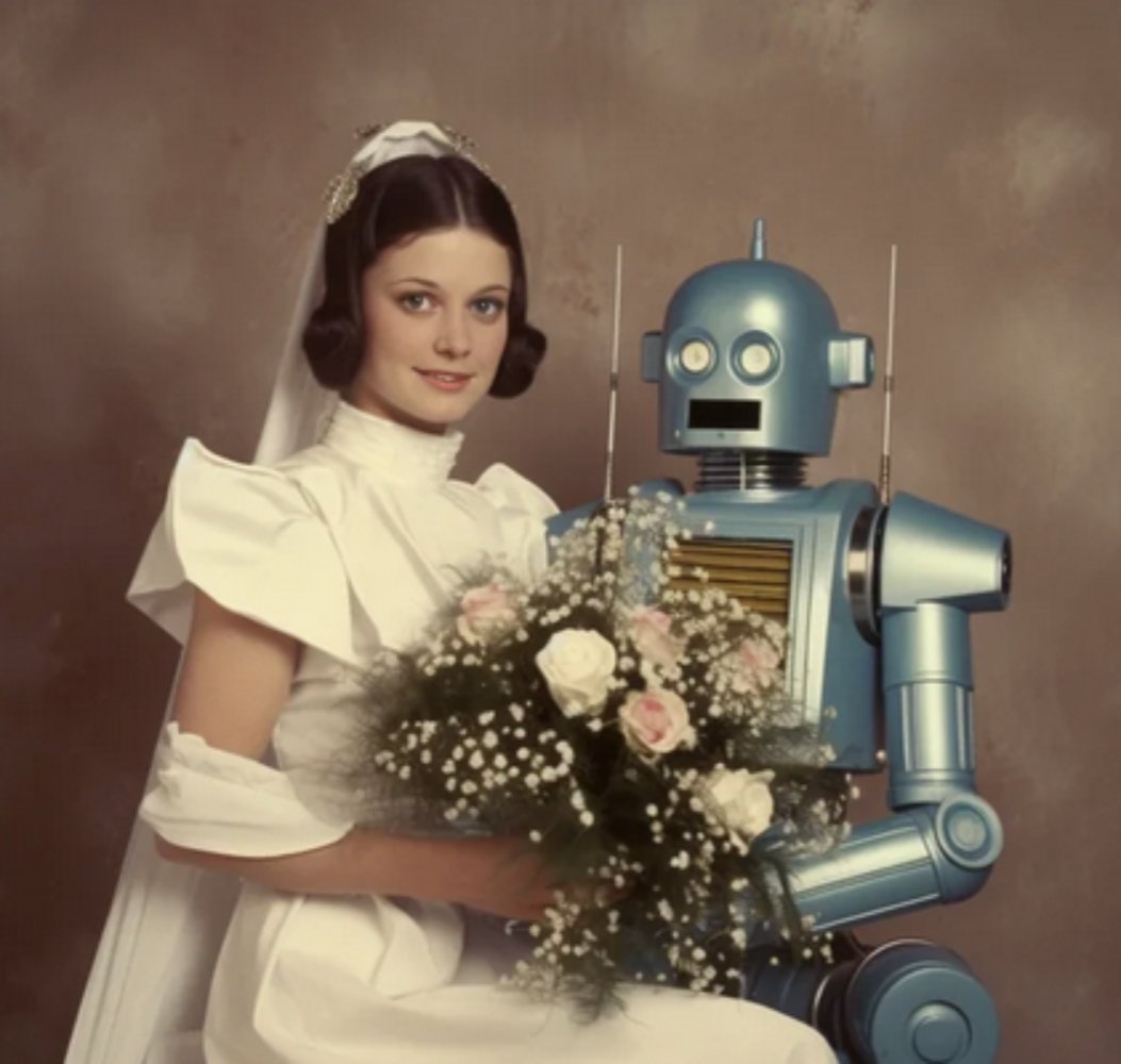 Frau in Hochzeitskleid heiratet Roboter