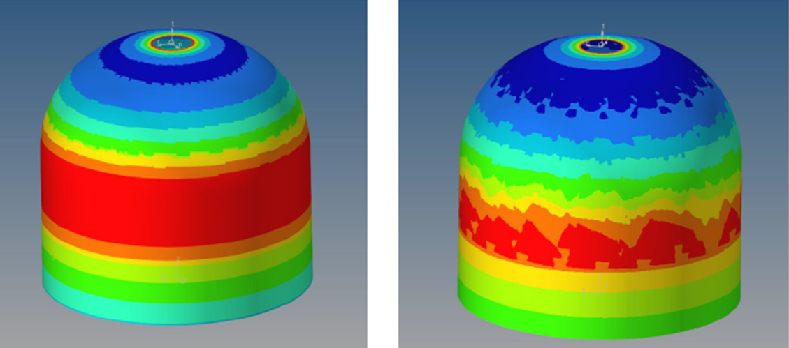 Darstellung der Ergebnisse der Simulation einer verstärkten Domkappe ohne und mit Lokalverstärkungen