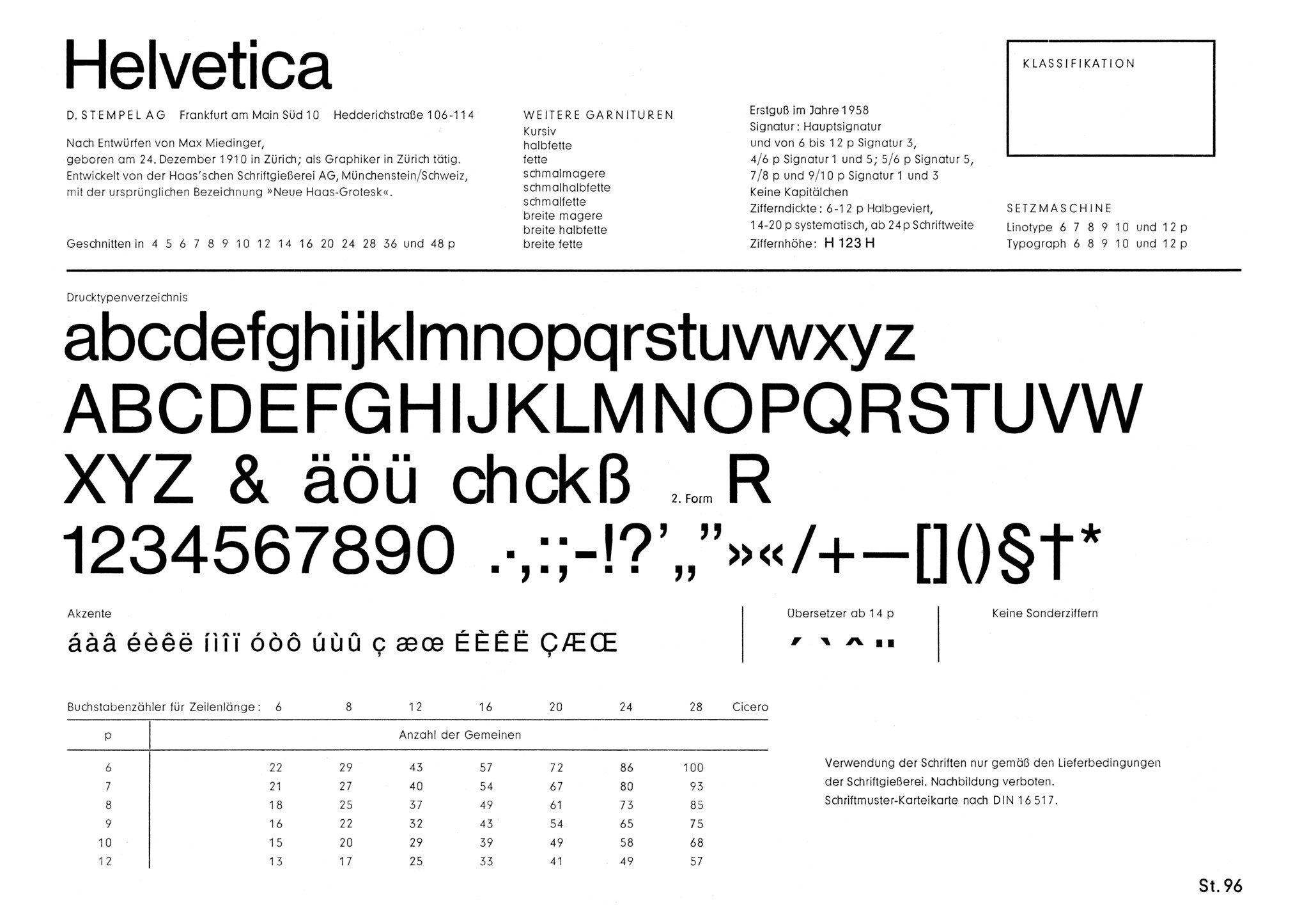 Schriftenkarte der Helvetica (Vorderseite): Auf der Vorderseite ist der vollständige Zeichensatz mit den wesentlichsten Informationen zur Entstehung der Helvetica abgebildet.