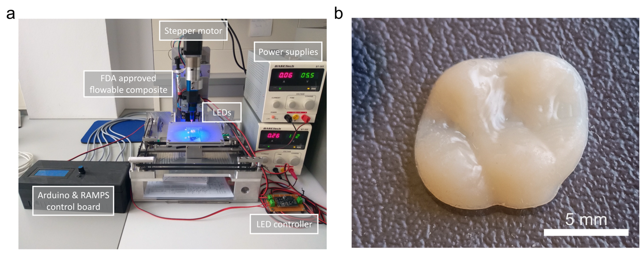Neuartiger 3D-Drucker (a) und damit hergestellte künstliche Kaufläche aus Kompositwerkstoff (b)