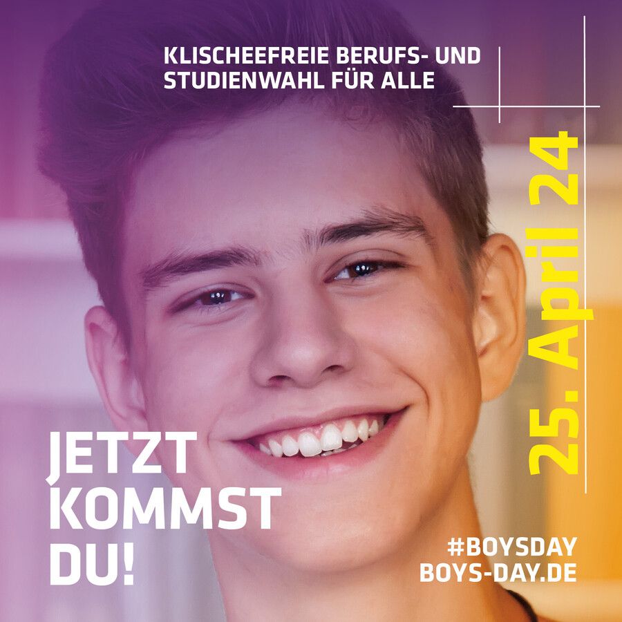 Werbeplakat für den Boys' Day. Abgebildet ist ein Junge und das Datum der Veranstaltung, 25. April 2024.