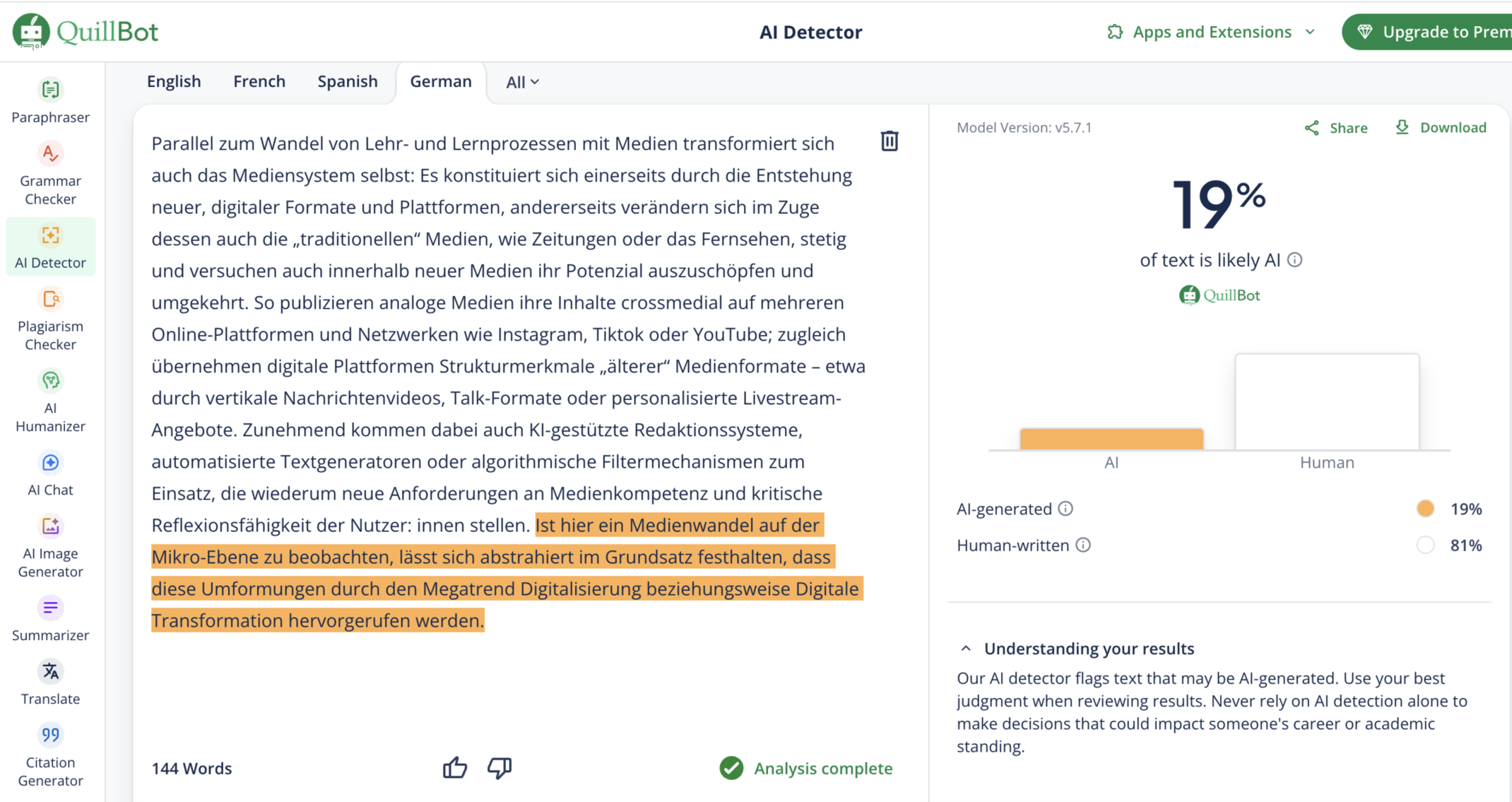 Beispiel der Funktion KI-Detektor