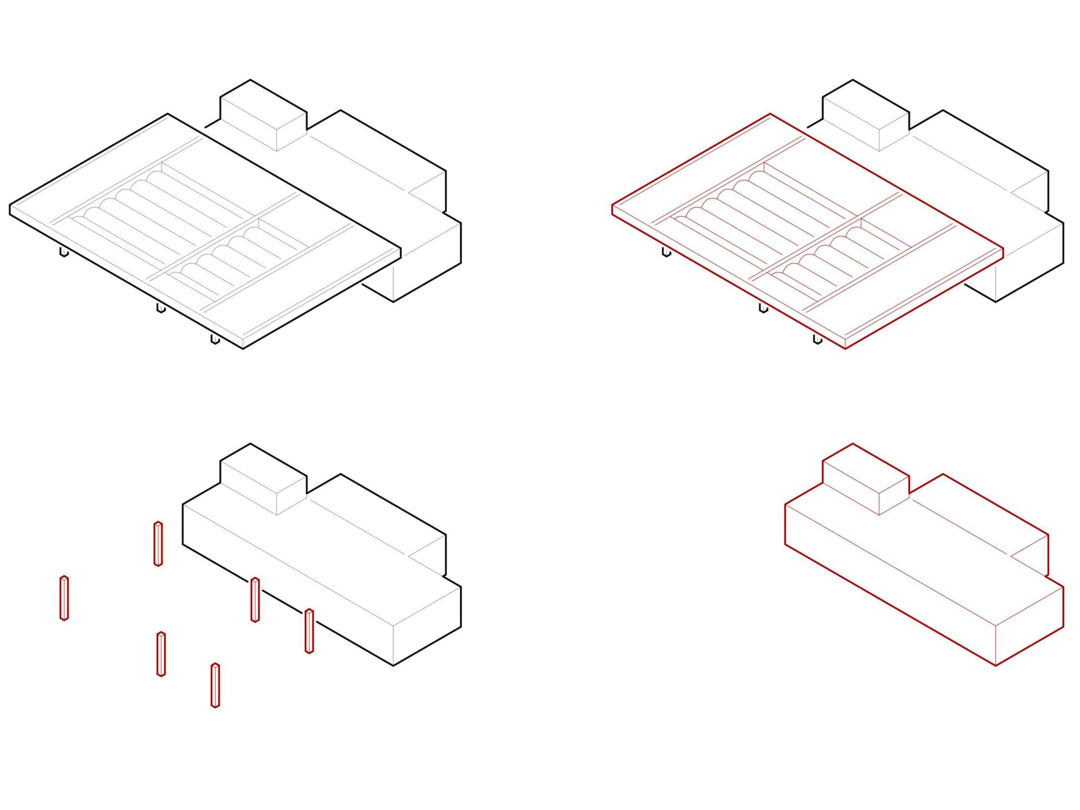 Analyse des Bestandes: Flachdach, Stützen & Kassenhaus Analyse des Bestandes: Flachdach, Stützen & Kassenhaus