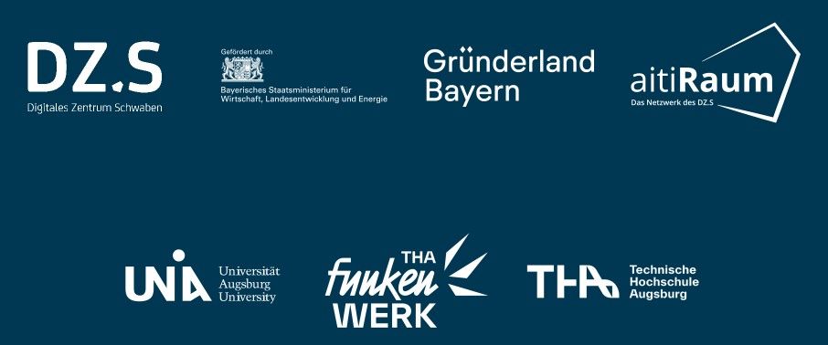 Logos Digitale Zentrum Schwaben (DZ.S) mit seinem Branchennetzwerk aitiRaum e.V. die Technische Hochschule Augsburg | Funkenwerk und die Universität Augsburg
