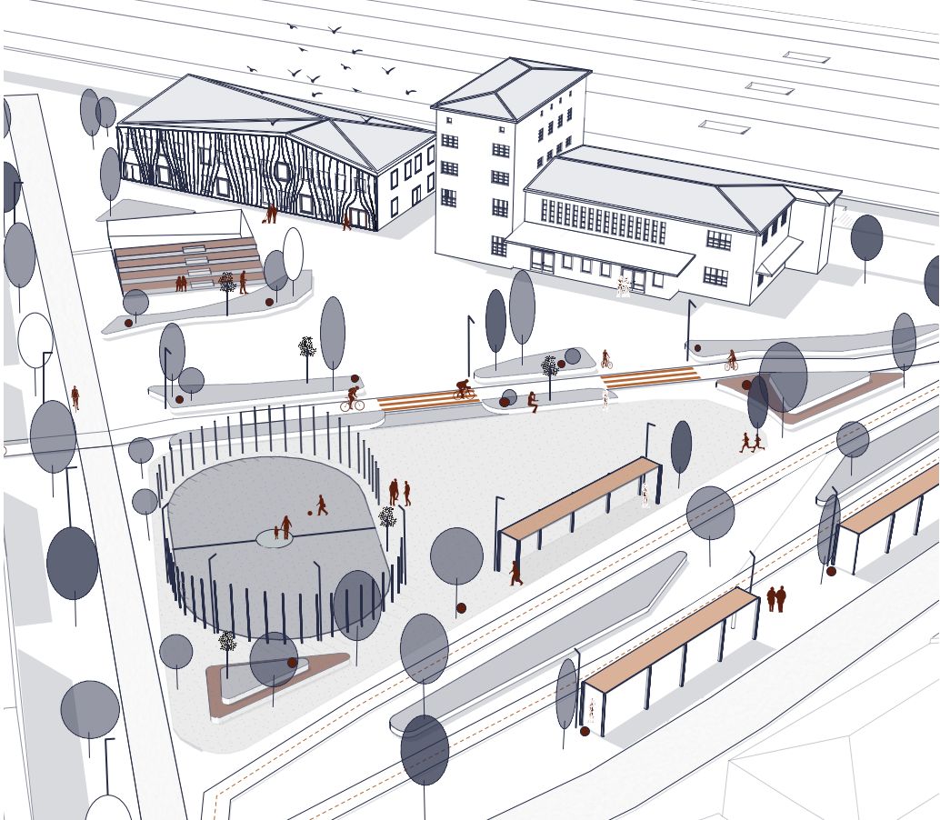 Entwurf eines neuen Gebäudes mit Neugestaltung des Helmut-Haller-Platzes am Bahnhof Augsburg-Oberhausen