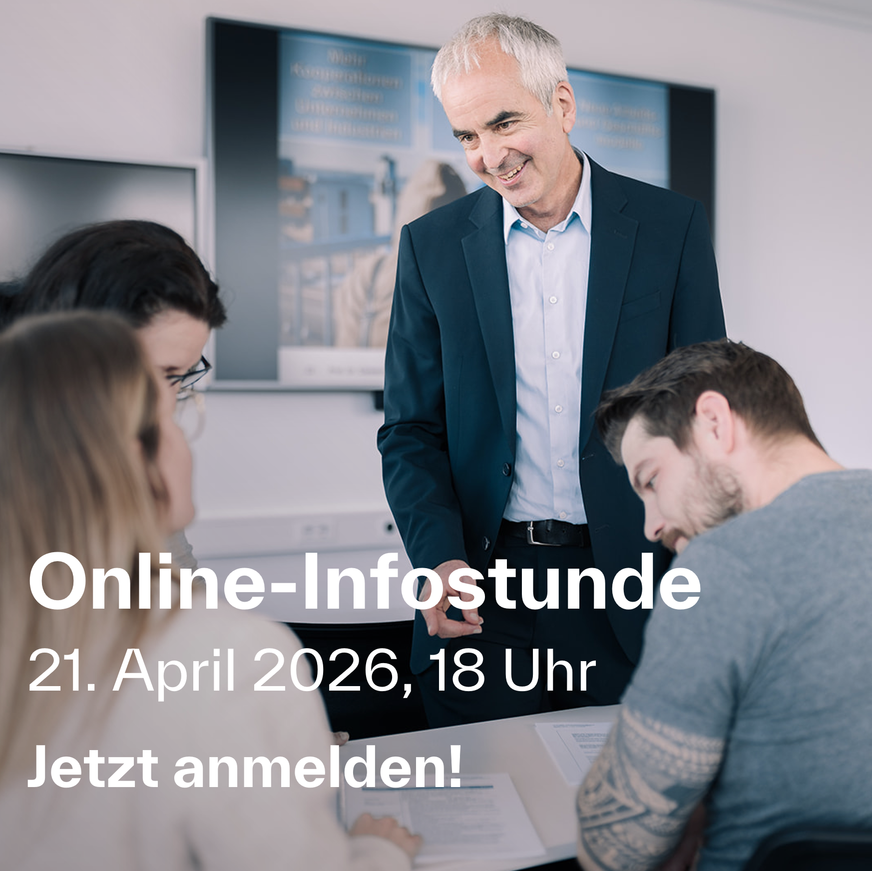 Verlinkung zur Eventseite der Online-Infostunde des berufsbegleitenden Studiengangs IT-Projekt- und Prozessmanagement. Verlinkung zur Eventseite der Online-Infostunde des berufsbegleitenden Studiengangs IT-Projekt- und Prozessmanagement.