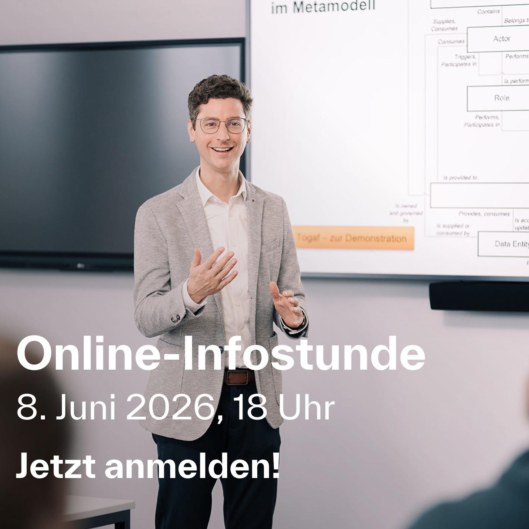 Verlinkung zur Eventseite der Online-Infostunde des berufsbegleitenden Studiengangs IT-Projekt- und Prozessmanagement.