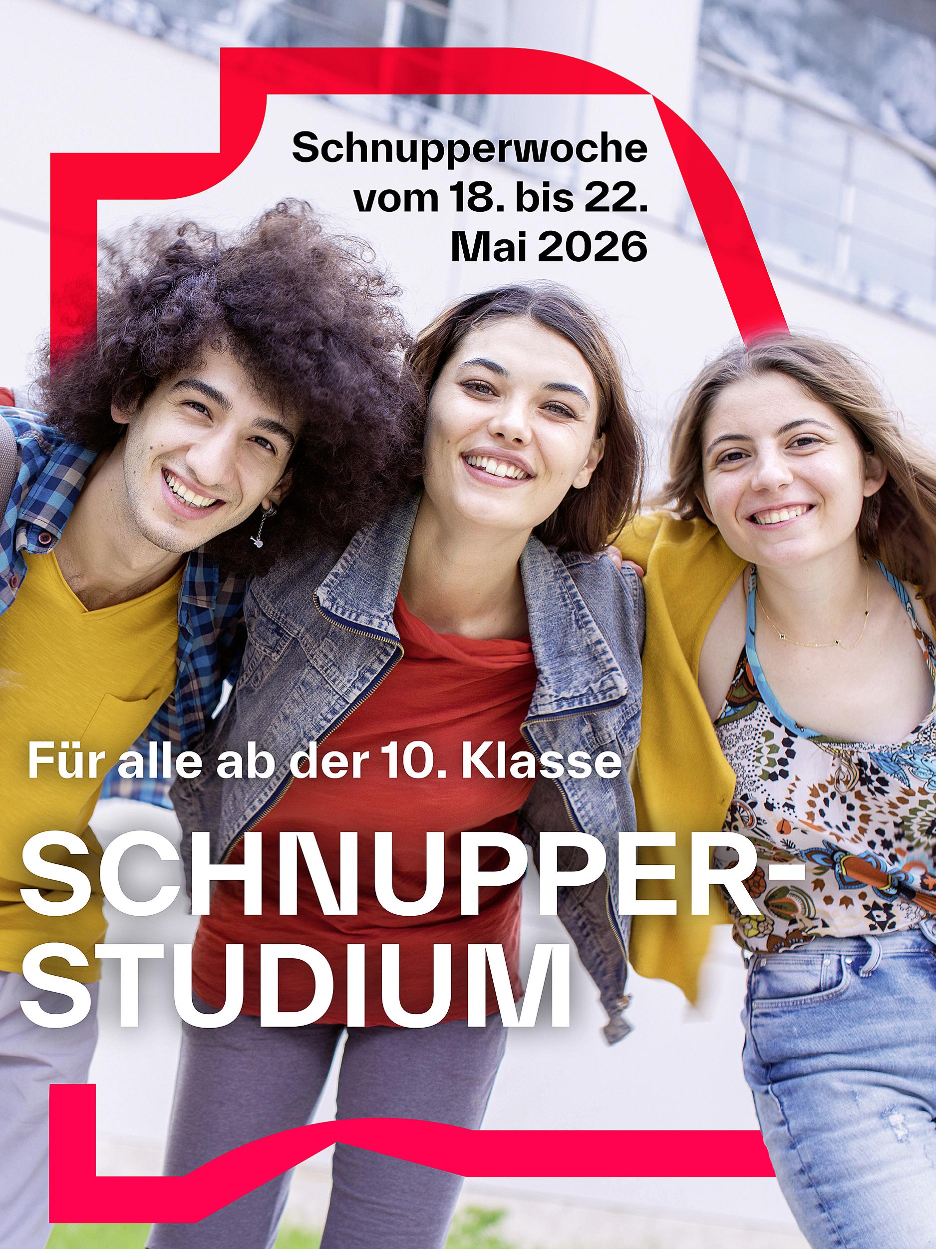 Ein junger Mann und zwei junge Frauen. Aufschrift: Schnupperstudium.