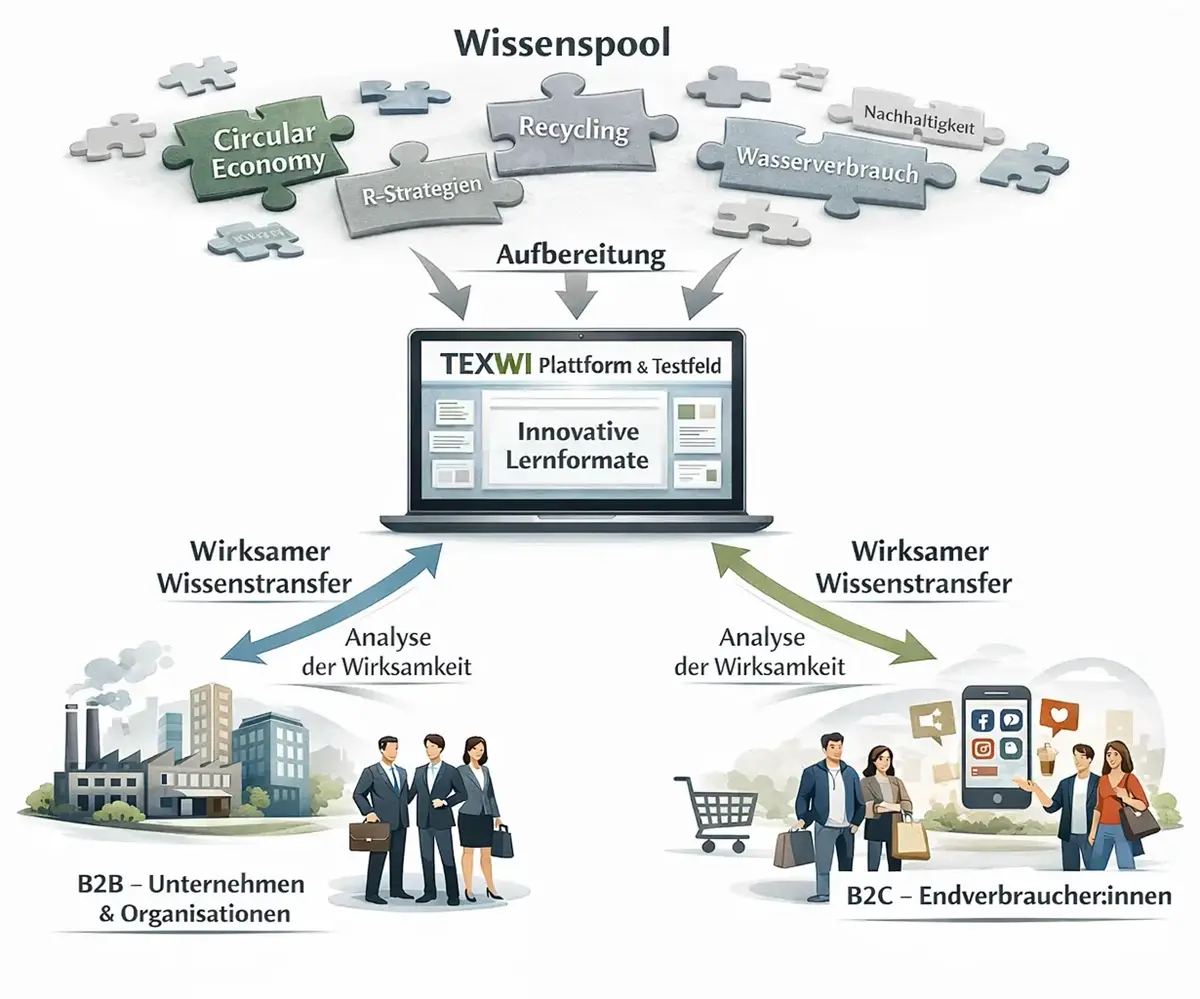 Eine Darstellung der TEXWI-Plattform, die zwischen Wissen und verschiedenen Zielgruppen vermittelt