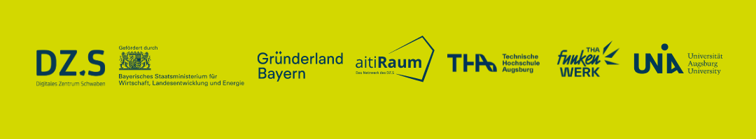 Logos Digitale Zentrum Schwaben (DZ.S) mit seinem Branchennetzwerk aitiRaum e.V. die Technische Hochschule Augsburg | Funkenwerk und die Universität Augsburg Logos Digitale Zentrum Schwaben (DZ.S) mit seinem Branchennetzwerk aitiRaum e.V. die Technische Hochschule Augsburg | Funkenwerk und die Universität Augsburg