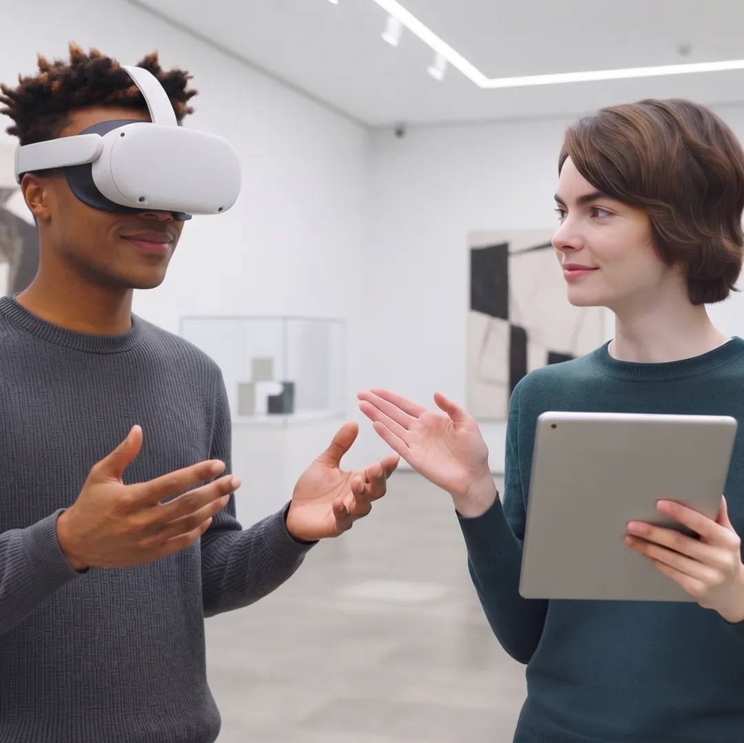 Mann mit VR-Brille und Frau mit Tablet. Gemini-Generated-Image.