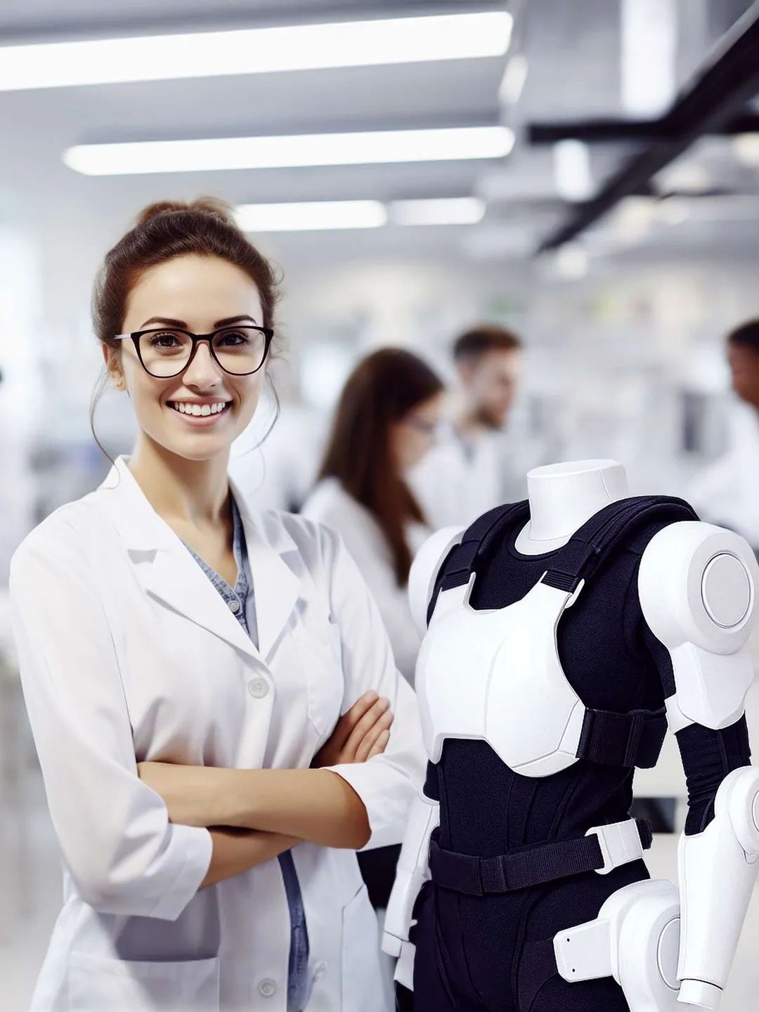 Medizintechnik Studentin mit einem Lehrroboter.