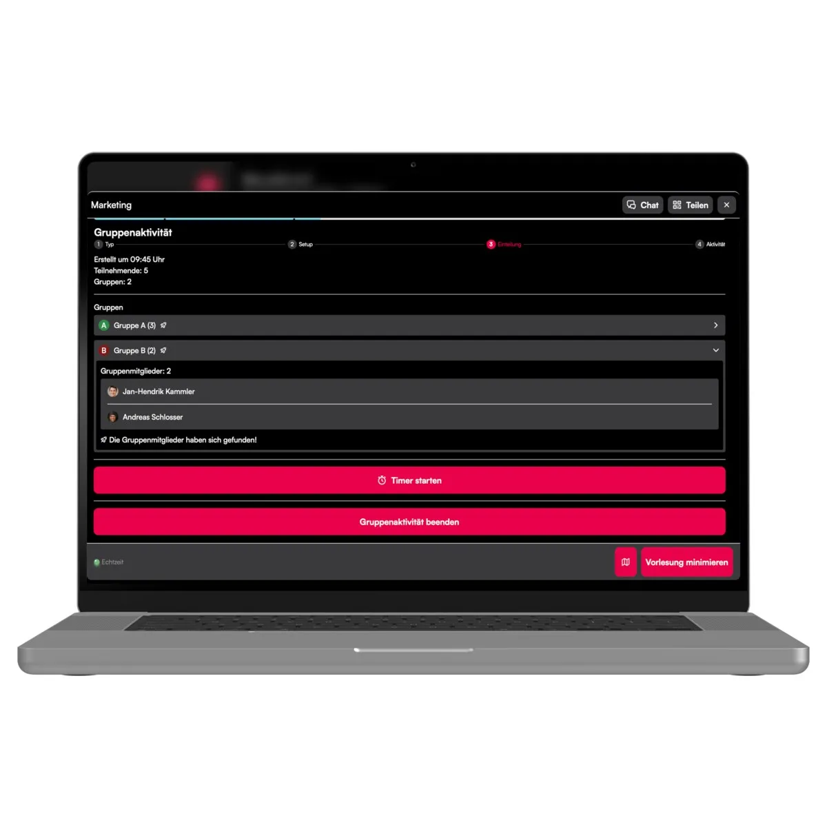 Laptop zeigt die Gruppeneinteilung mit den gebildeten Gruppen und den zugeordneten Teilnehmenden