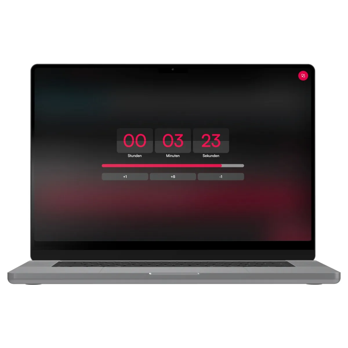 Laptop im Vollbildmodus zeigt die laufende Pause mit der verbleibenden Zeit