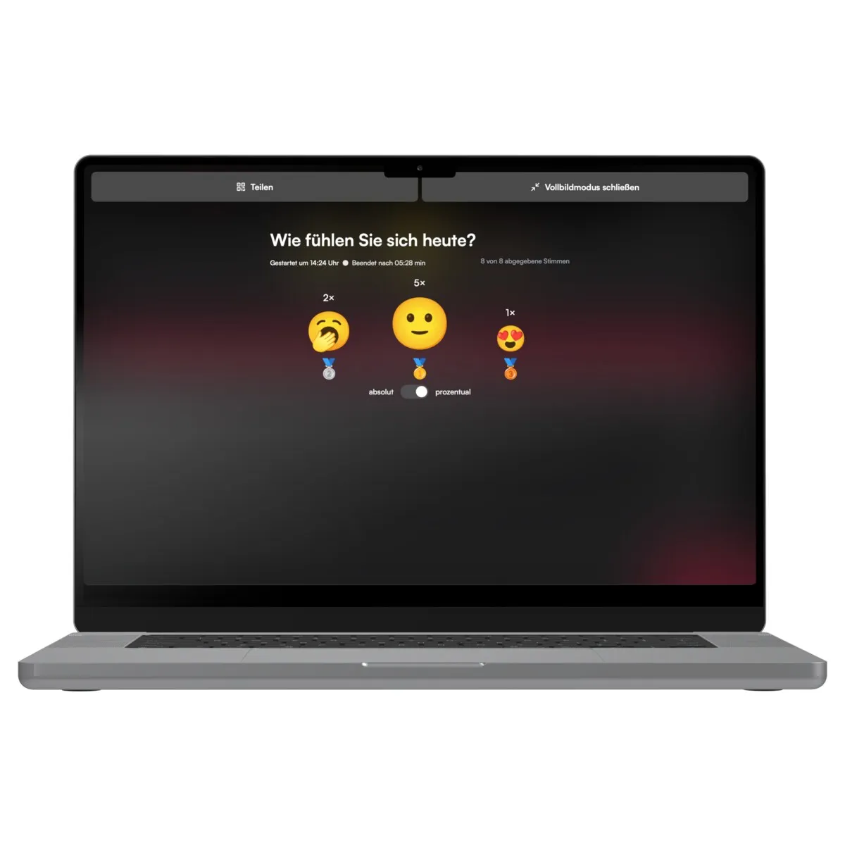 Laptop im Vollbildmodus zeigt die Frage „Wie fühlen Sie sich heute?“ mit drei Emoji-Antworten und ihrer Häufigkeit