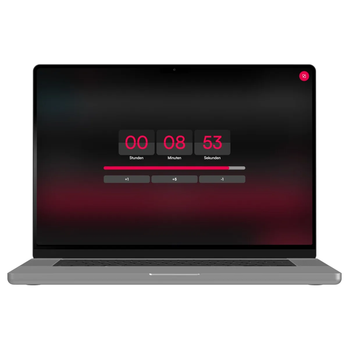 Laptop im Vollbildmodus zeigt einen laufenden Countdown in Stunden, Minuten und Sekunden
