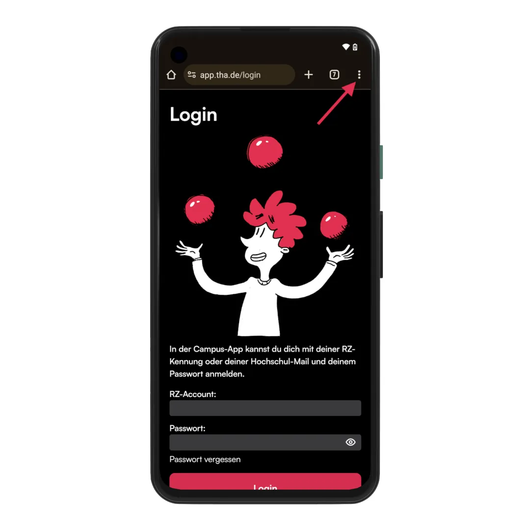 Login-Bildschirm der Campus App im Chrome-Browser; ein Pfeil zeigt auf die drei vertikalen Punkte rechts neben der Adresszeile.