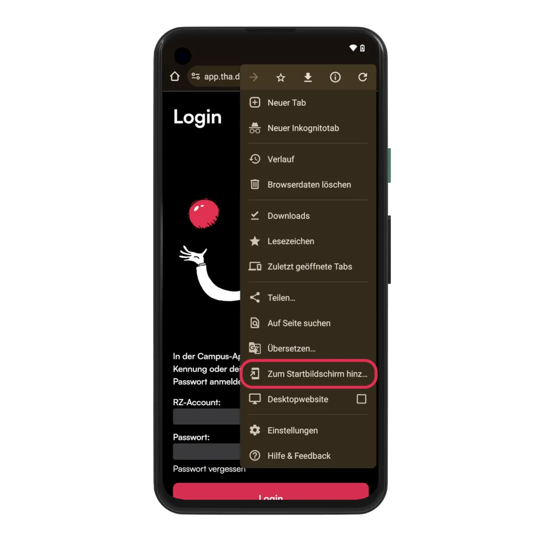 Geöffnetes Chrome-Menü mit dem markierten Eintrag „Zum Startbildschirm hinzufügen“.