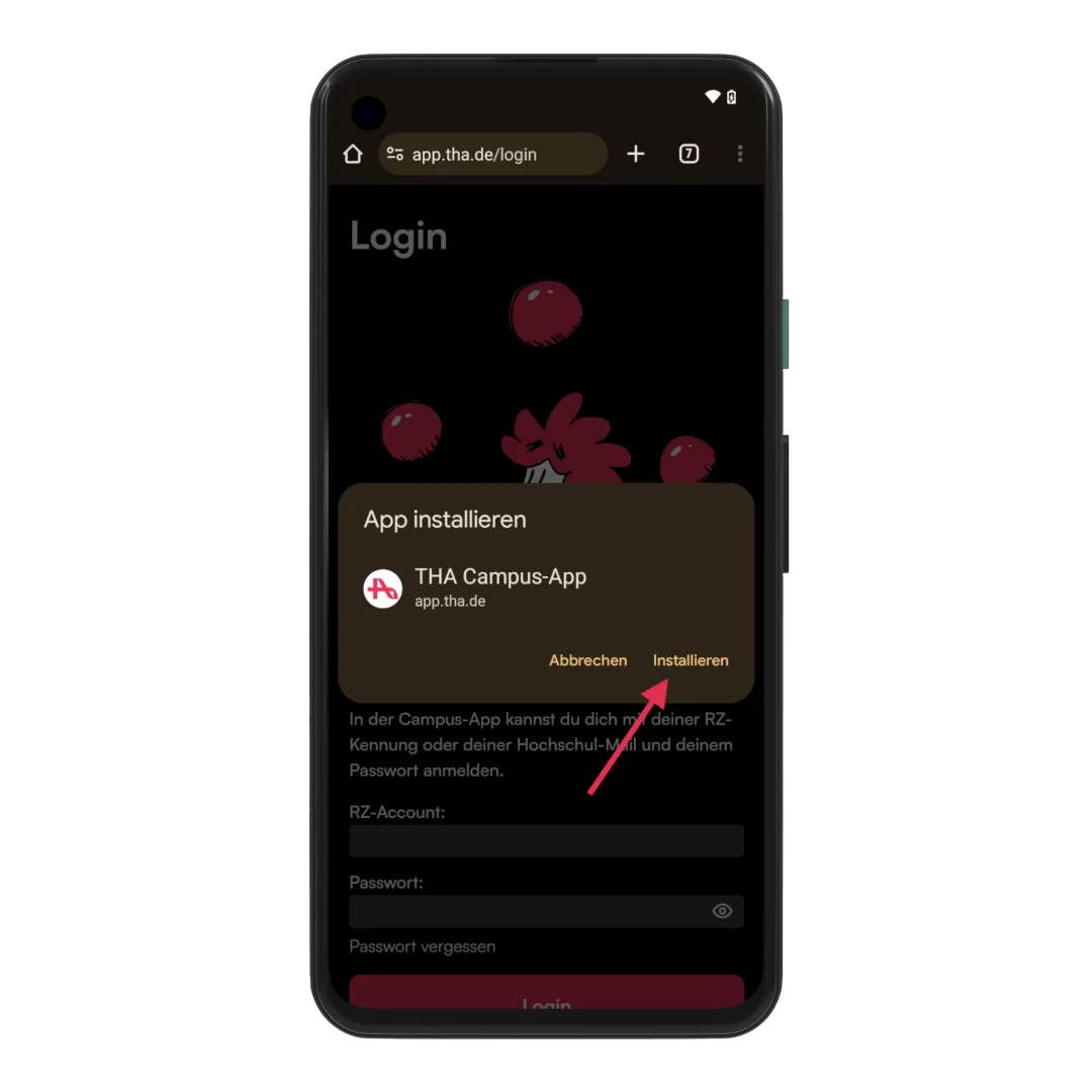 Dialog „App installieren“ mit dem Eintrag THA Campus App und einem Pfeil auf den Button „Installieren“.