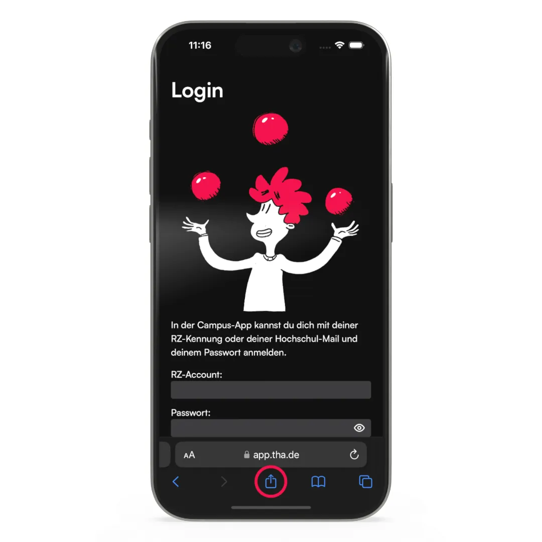 Login-Bildschirm der Campus App im Safari-Browser; ein Pfeil zeigt auf den Teilen-Button unterhalb der Adresszeile.