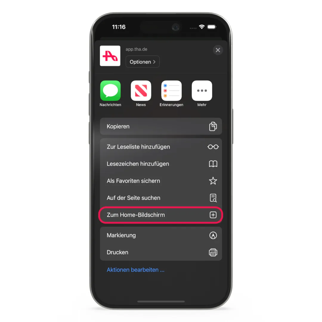 Geöffnetes Teilen-Menü in Safari mit dem markierten Eintrag „Zum Home-Bildschirm“.