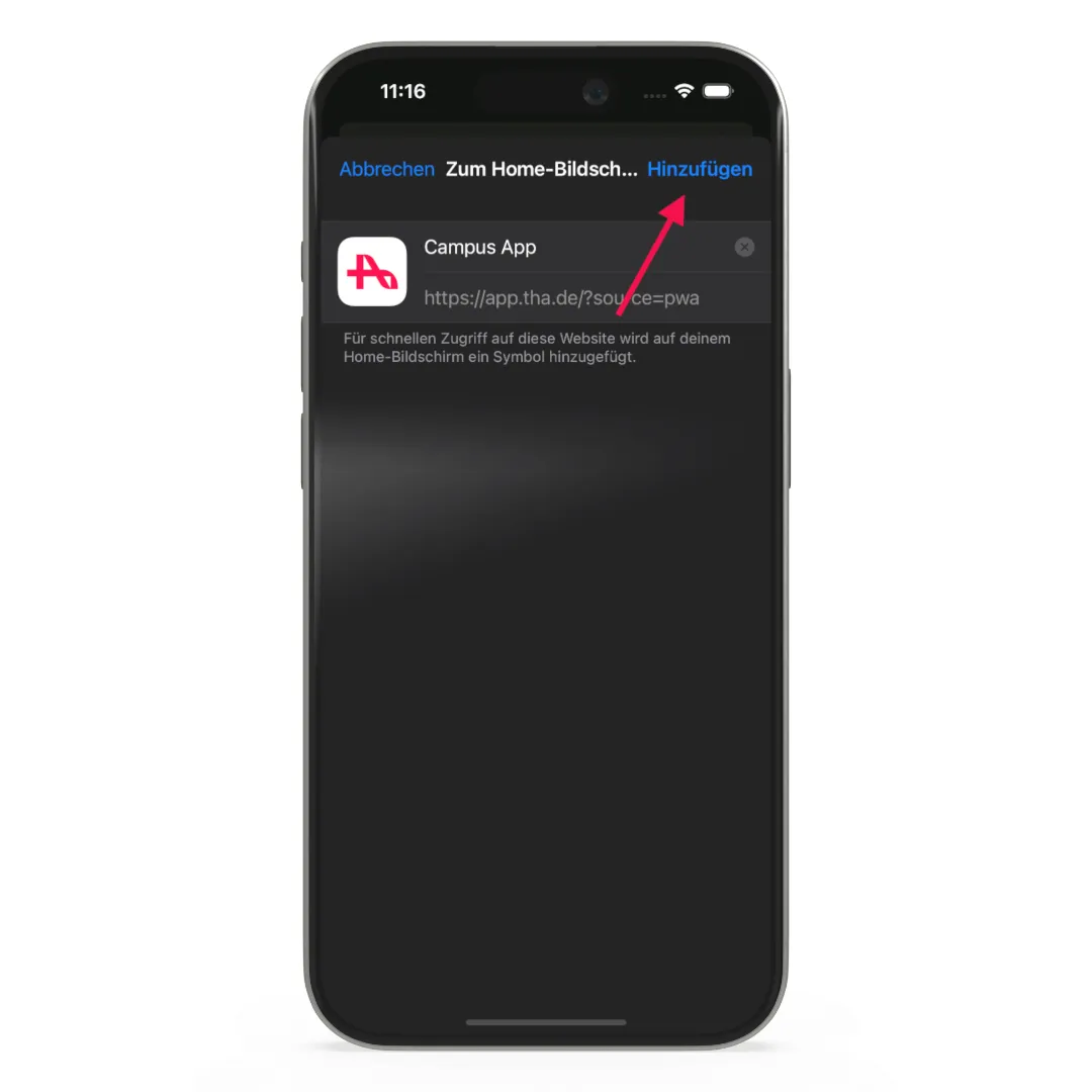 Dialog „Zum Home-Bildschirm“ mit dem App-Namen und einem Pfeil auf den Button „Hinzufügen“.