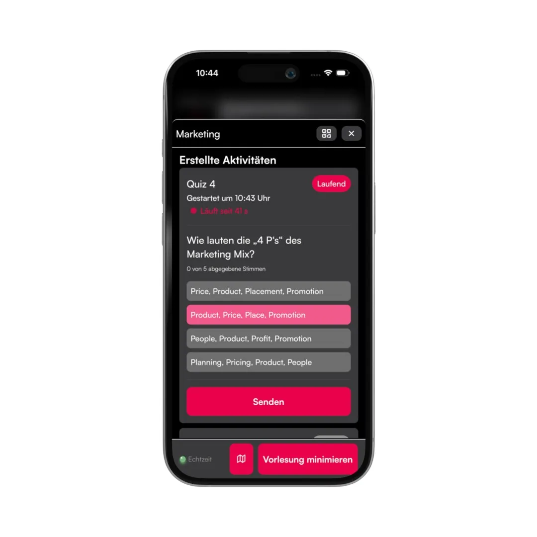 Smartphone zeigt eine Quizfrage mit vier Antwortmöglichkeiten und Senden-Schaltfläche