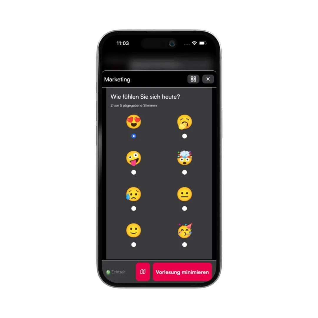 Smartphone zeigt die Frage „Wie fühlen Sie sich heute?“ mit acht Emojis zur Auswahl
