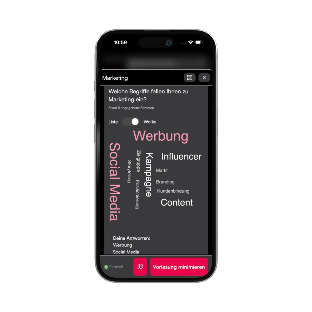 Smartphone zeigt eine Wortwolke zur Frage nach Begriffen zum Thema Marketing