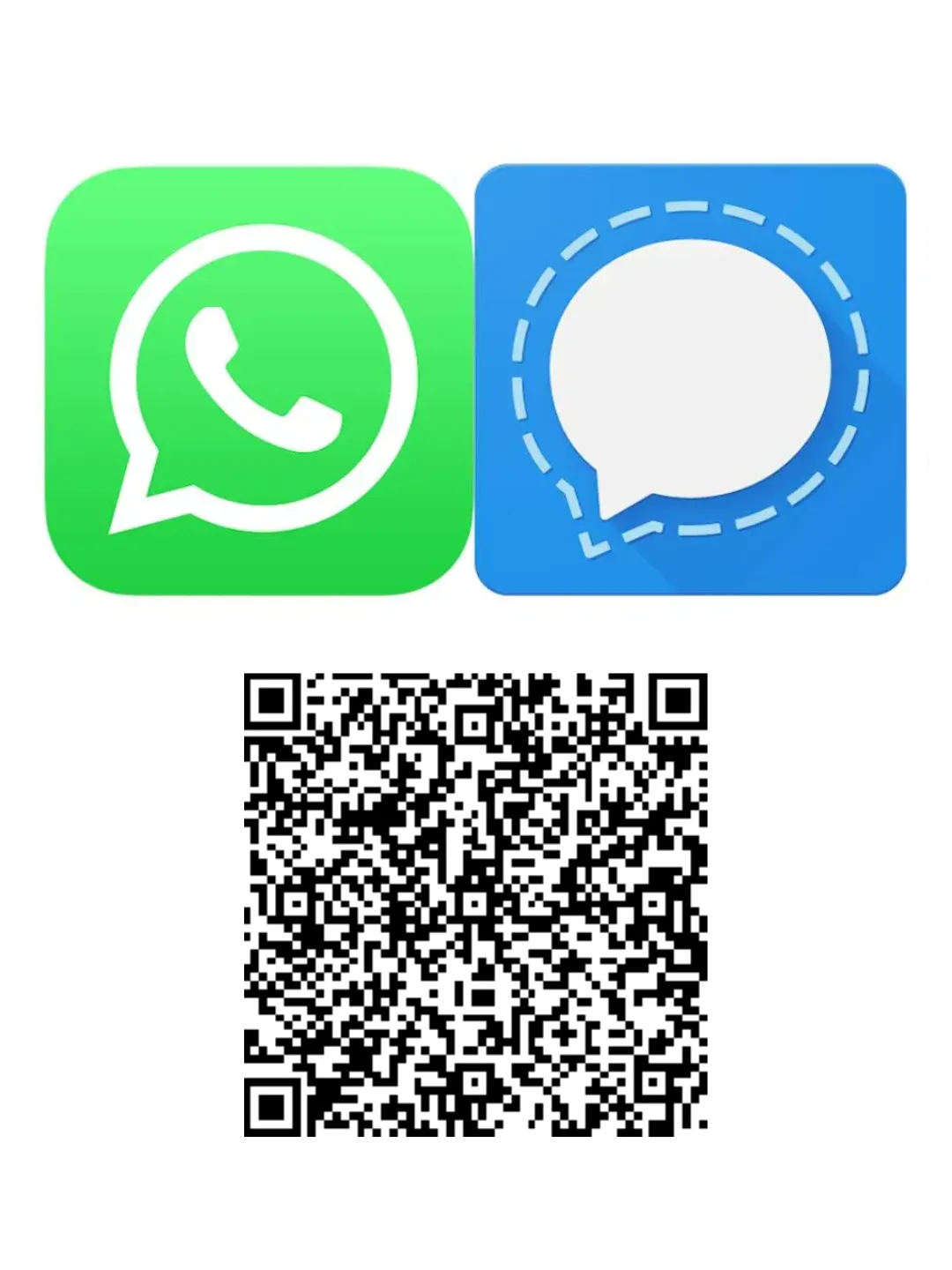Icons von WhatsApp und Signal; darunter ein QR-Code mit den Kontakdaten der Bibliothek als vCard