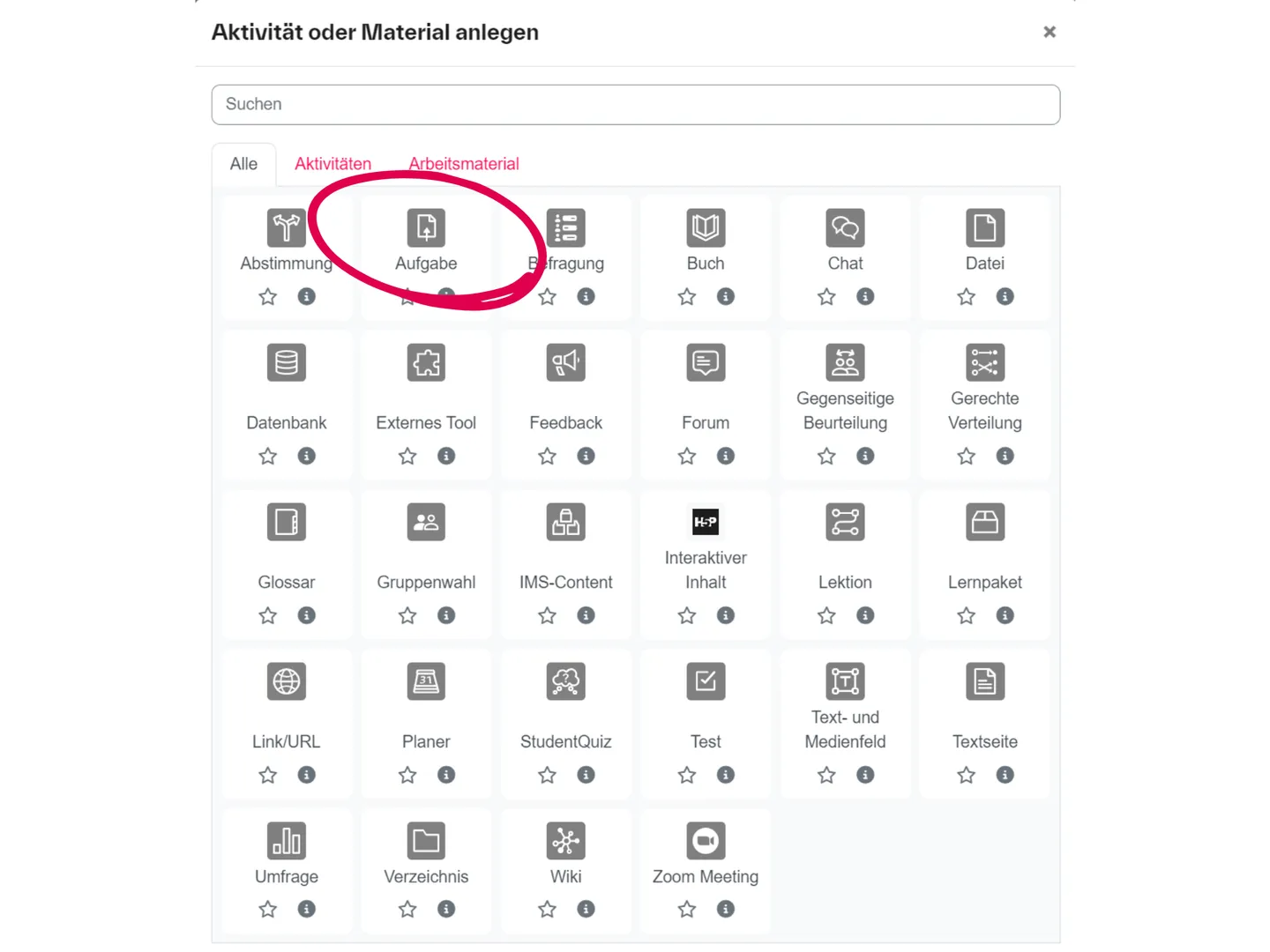 Screenshot der Moodle-Auswahl Material oder Aktivität hinzufügen mit der Aktivität Aufgabe