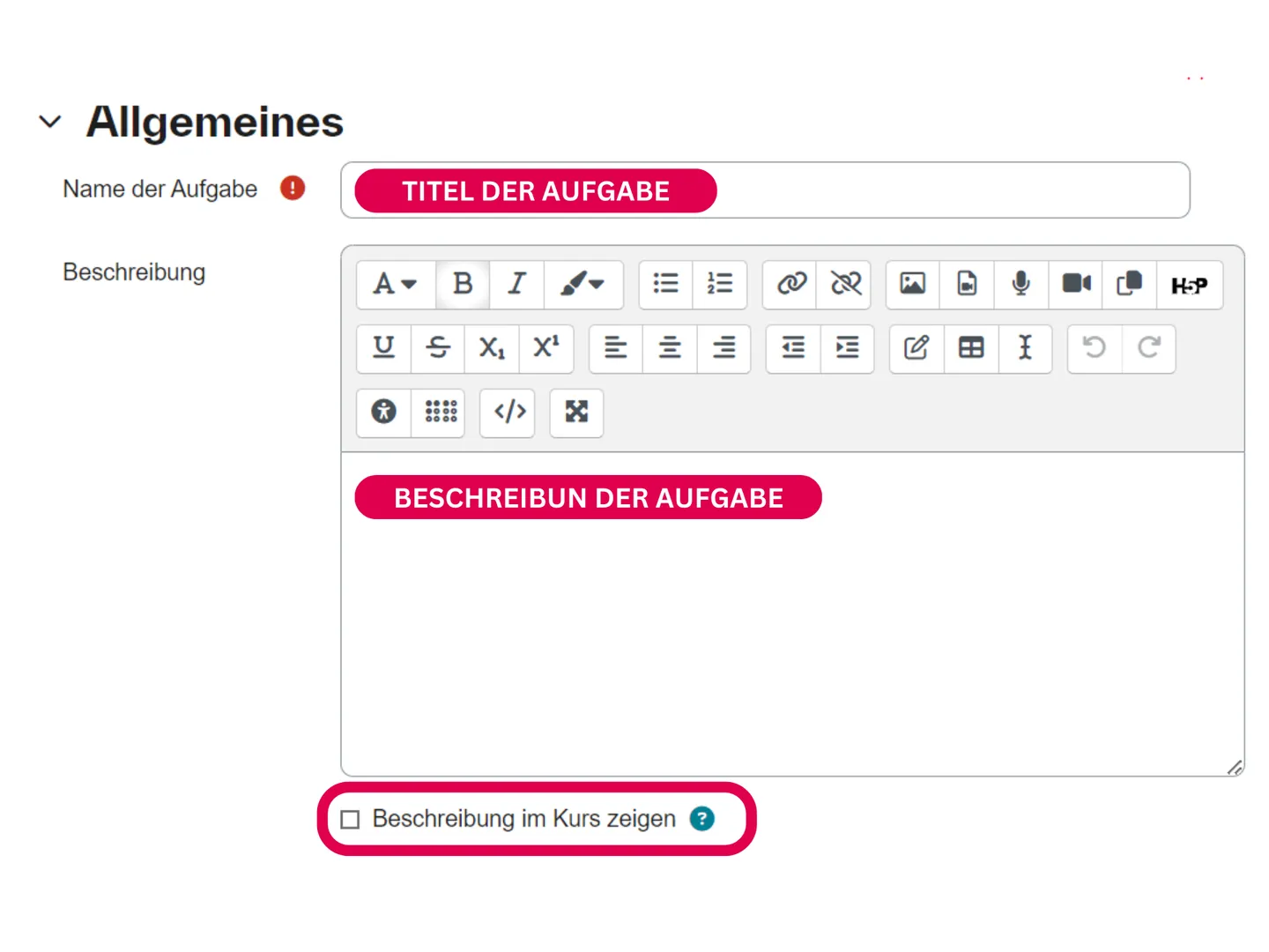 Screenshot der Aufgaben-Einstellungen in Moodle mit den Feldern Titel und Beschreibung