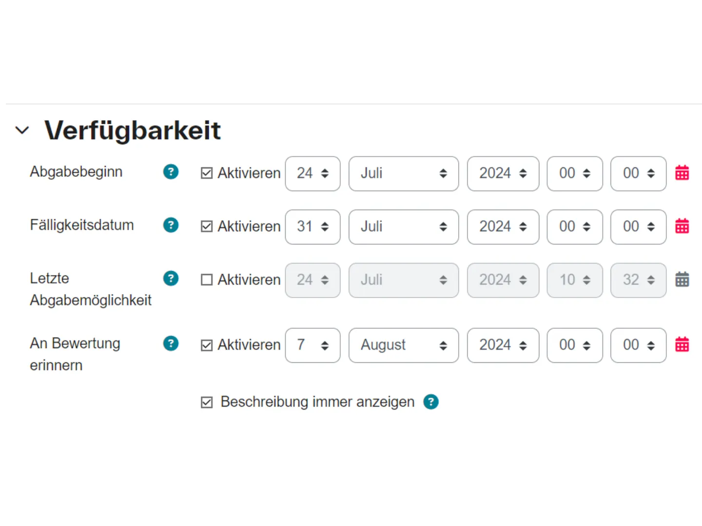 Screenshot der Moodle-Einstellungen für Fälligkeitsdatum und letzte Abgabemöglichkeit